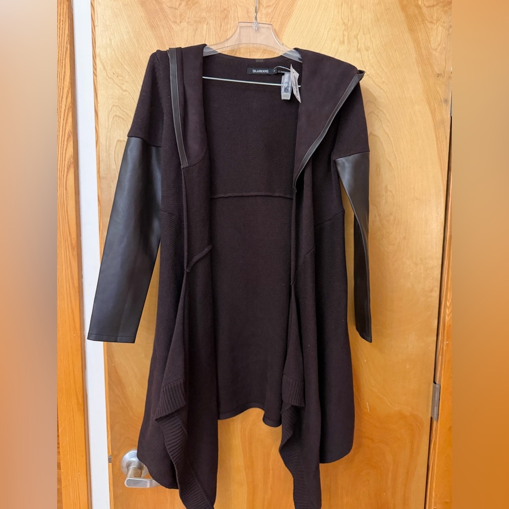BlankNYC Brown Hooded Cardigan with Suede and Faux Leather
